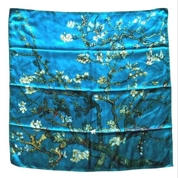 💖 Oversized boho satin blue Floral print print hair neck scarf whimsical - Picture 15 of 15